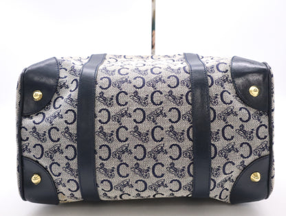 CELINE Canvas and Leather Mini Boston Bag with Horse Carriage Pattern, C Macadam, and GD Hardware, Navy