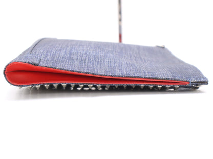 Christian Louboutin Denim and Leather Sky Pouch Stud Shoulder Bag in Blue with Silver Hardware and Shoulder Strap