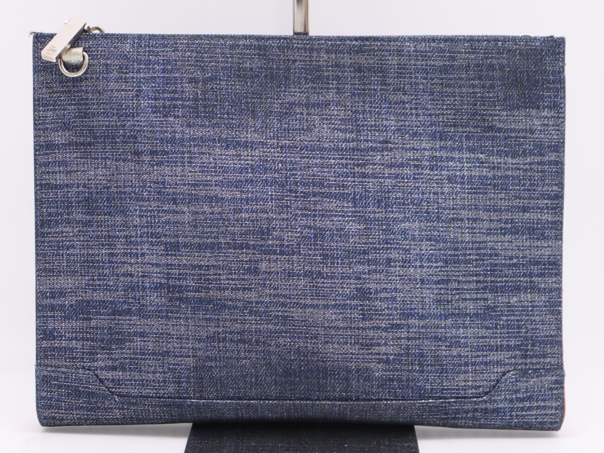 Christian Louboutin Denim and Leather Sky Pouch Stud Shoulder Bag in Blue with Silver Hardware and Shoulder Strap