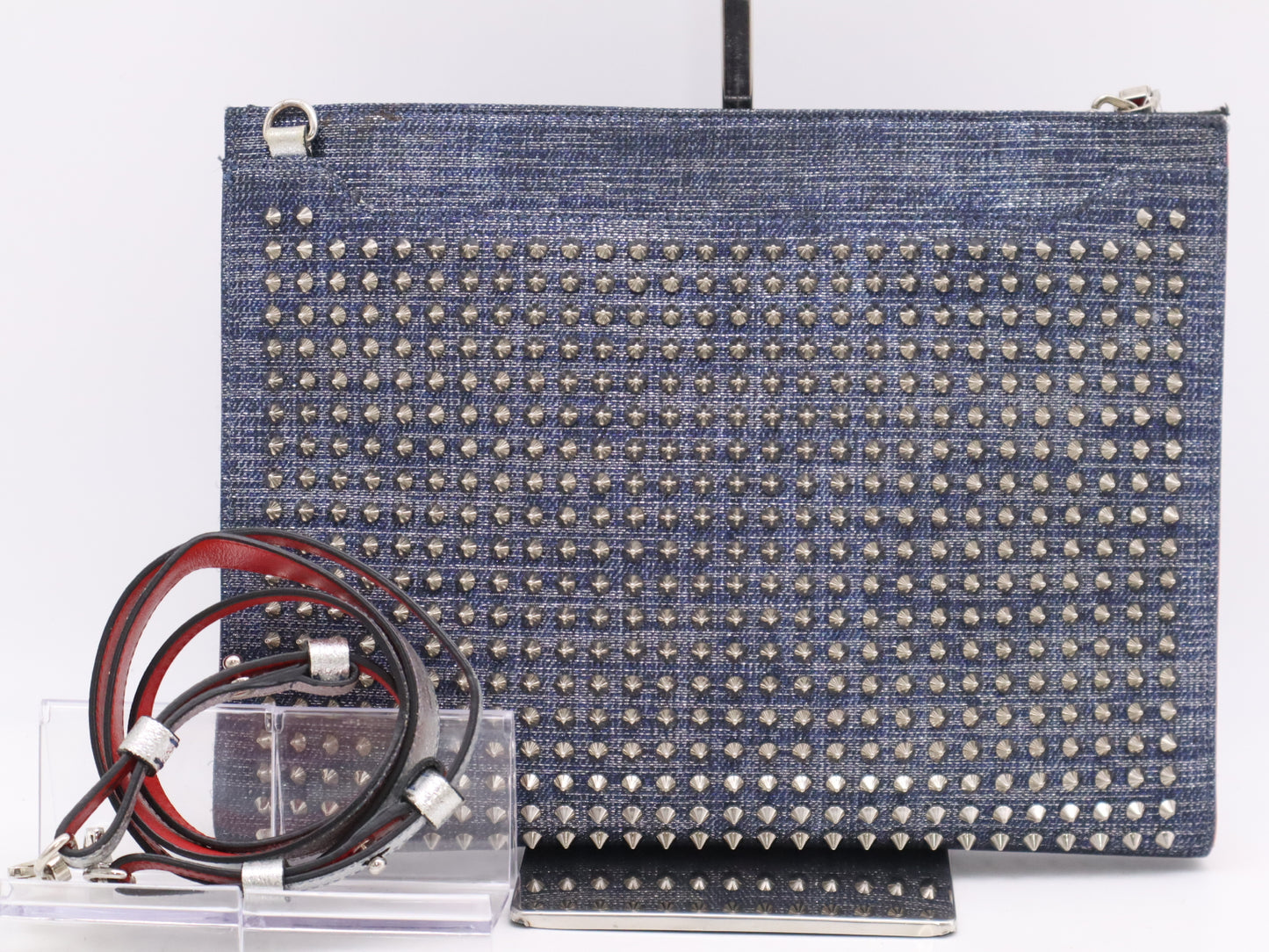 Christian Louboutin Denim and Leather Sky Pouch Stud Shoulder Bag in Blue with Silver Hardware and Shoulder Strap