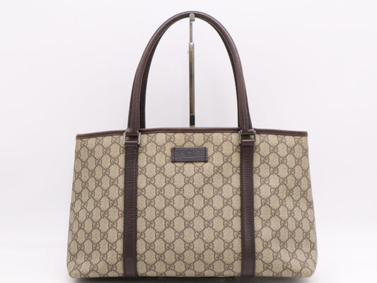 GUCCI 114595 Canvas and Leather GG Supreme Tote Bag in Beige and Brown with Silver Hardware