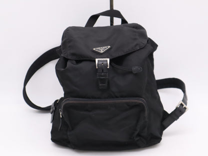 PRADA Nylon and Leather Triangle Logo Backpack in Black with Silver Hardware