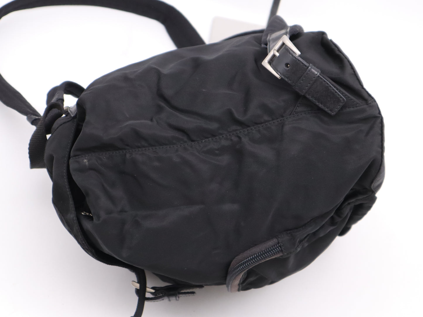 PRADA Nylon and Leather Triangle Logo Backpack in Black with Silver Hardware