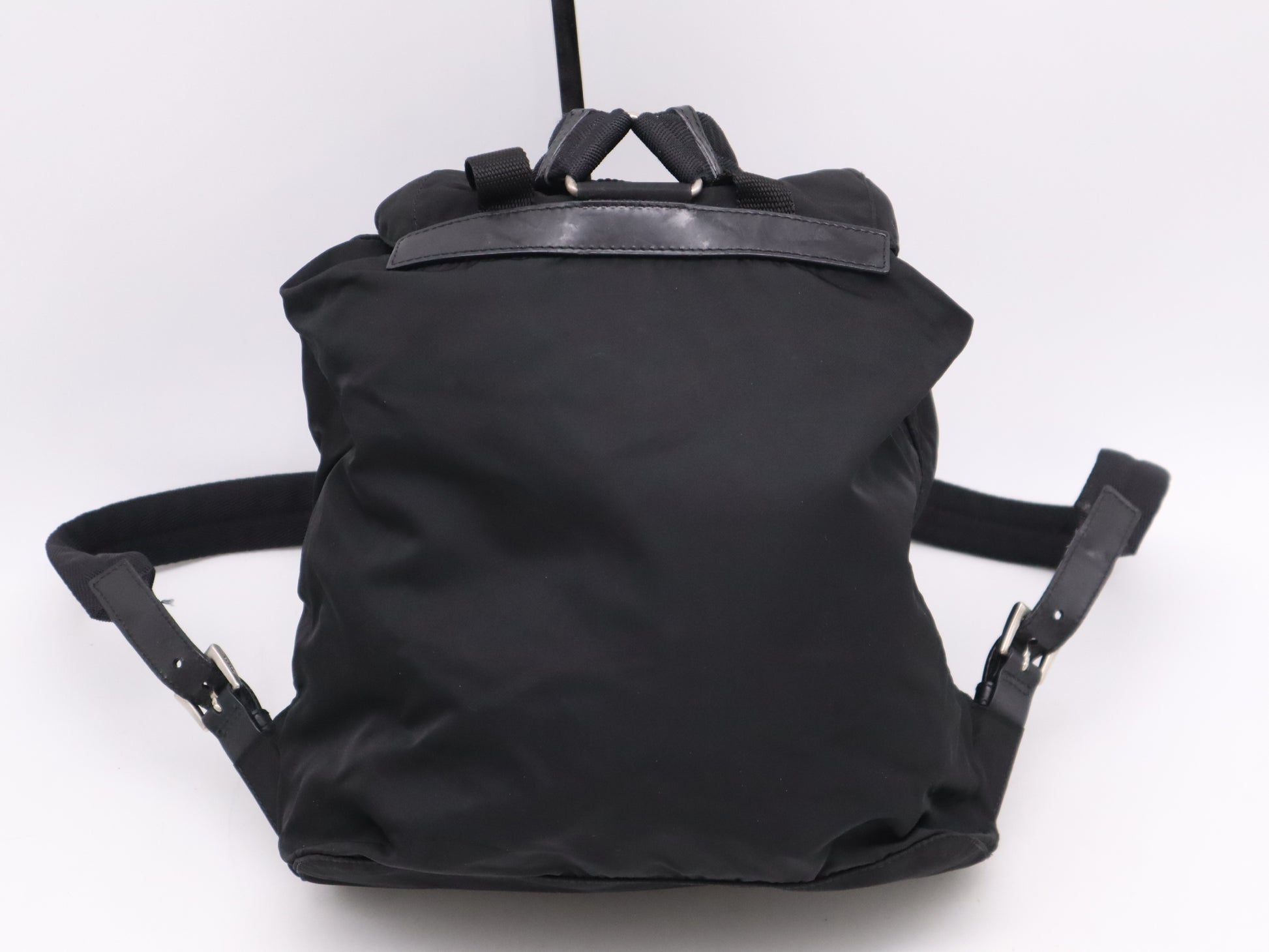 PRADA Nylon and Leather Triangle Logo Backpack in Black with Silver Hardware