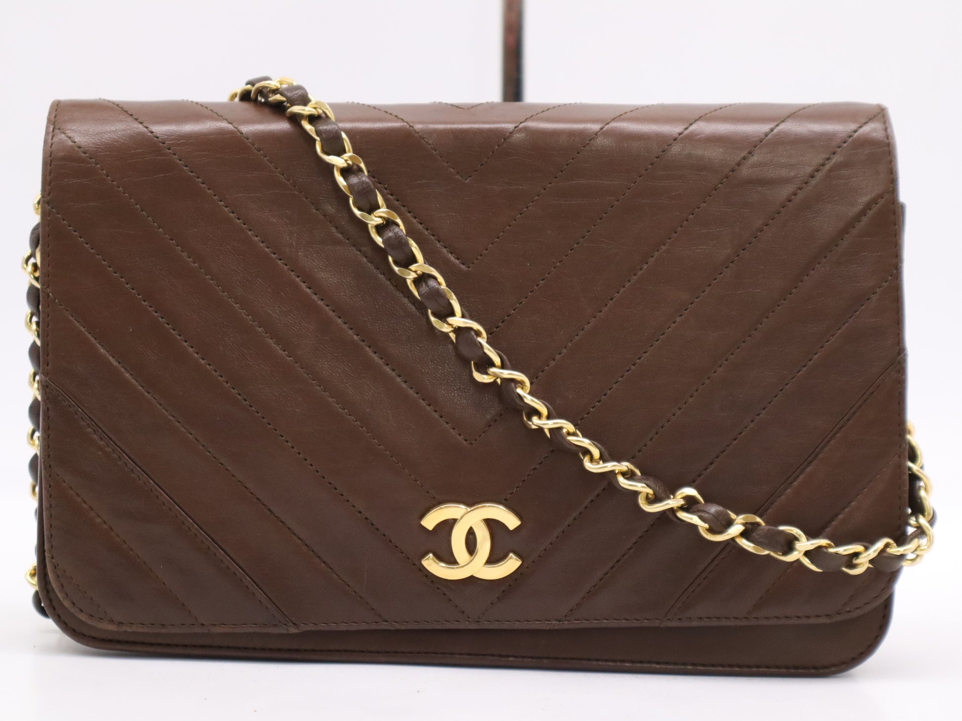 CHANEL Leather V-Stitch Full Flap Chain Shoulder Bag Brown with GD Hardware
