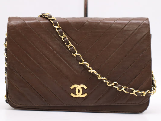CHANEL Leather V-Stitch Full Flap Chain Shoulder Bag Brown with GD Hardware