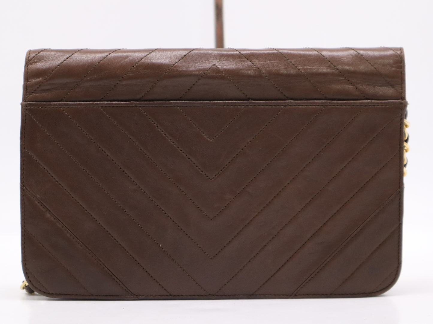 CHANEL Leather V-Stitch Full Flap Chain Shoulder Bag Brown with GD Hardware