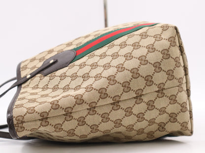 GUCCI 211970 Canvas x Leather GG Canvas Sherry Line Tote Bag Beige Brown with Charm