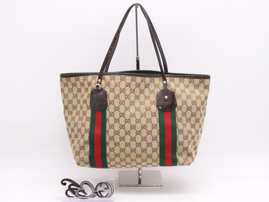 GUCCI 211970 Canvas x Leather GG Canvas Sherry Line Tote Bag Beige Brown with Charm