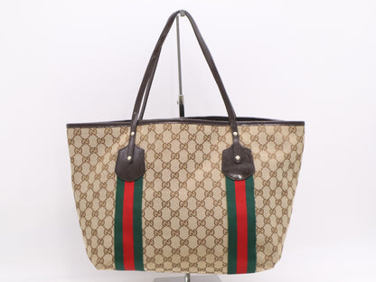 GUCCI 211970 Canvas x Leather GG Canvas Sherry Line Tote Bag Beige Brown with Charm