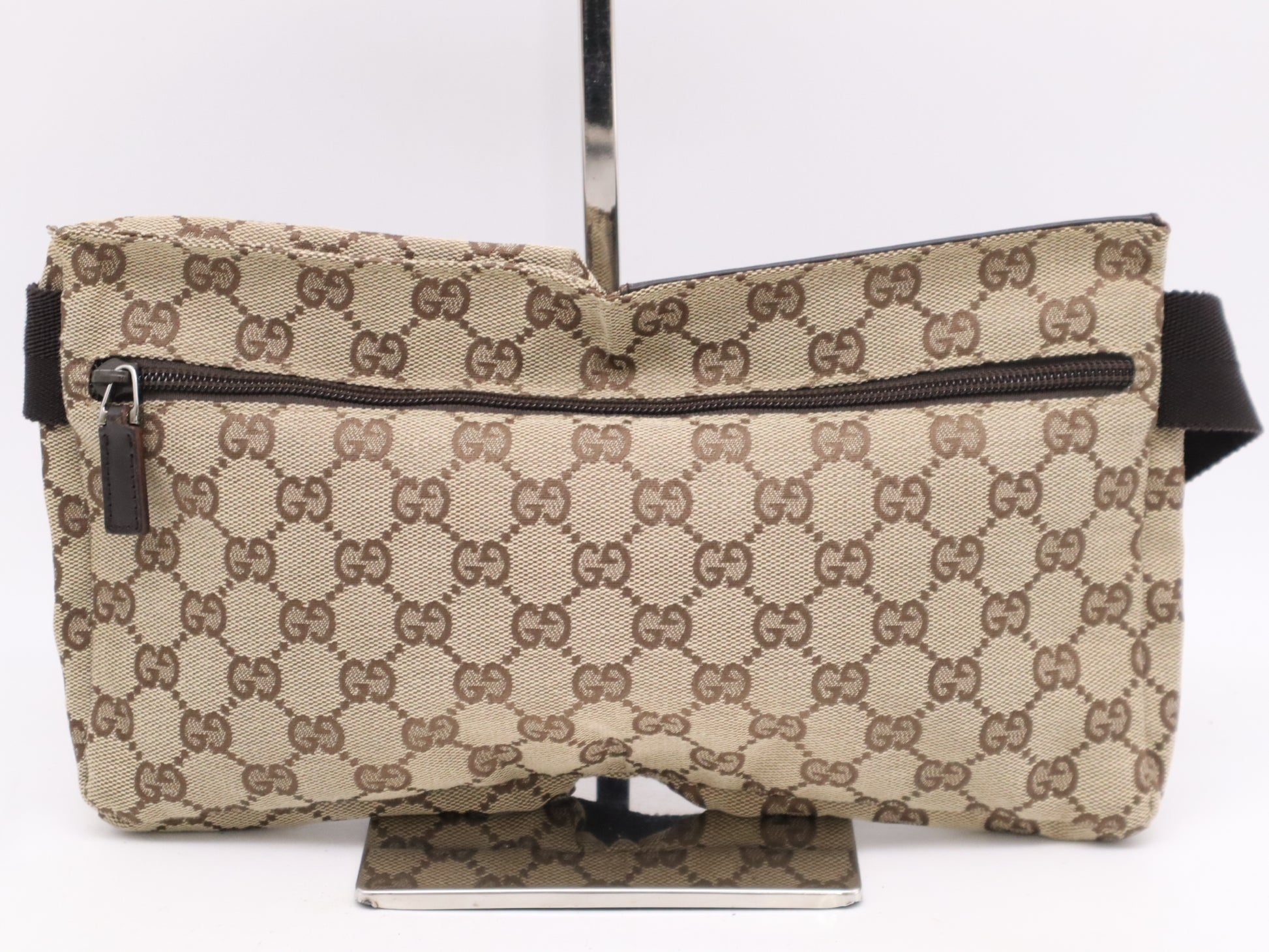 GUCCI 28566 Canvas/Leather GG Canvas Beige/Brown Body Bag with Silver Hardware, Waist Bag