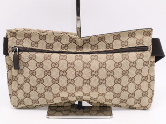 GUCCI 28566 Canvas/Leather GG Canvas Beige/Brown Body Bag with Silver Hardware, Waist Bag
