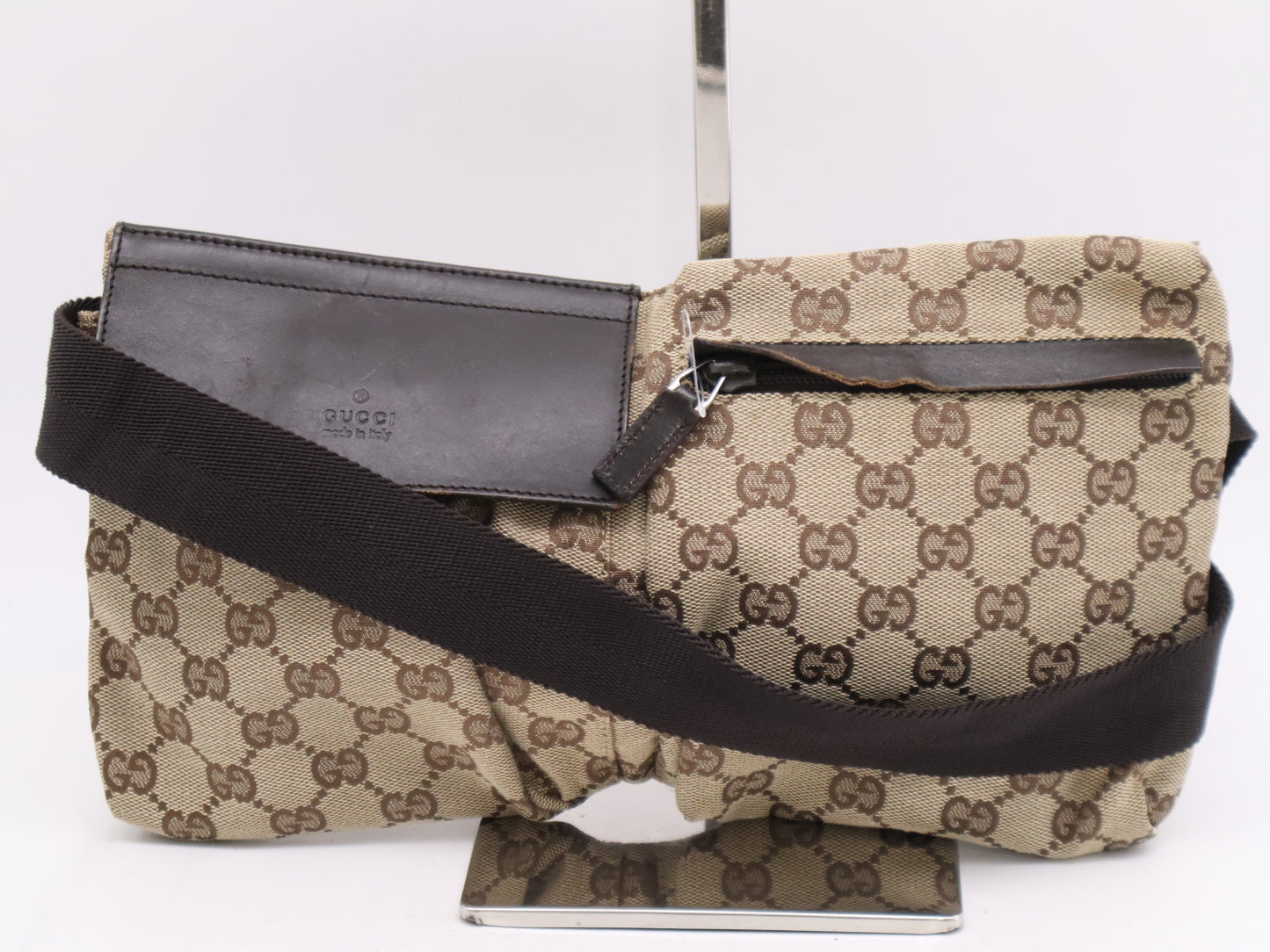 GUCCI 28566 Canvas/Leather GG Canvas Beige/Brown Body Bag with Silver Hardware, Waist Bag