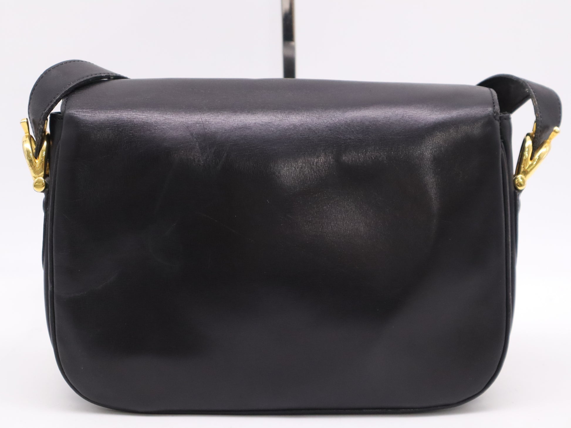 CELINE Leather Vintage Shoulder Bag with Carriage Hardware, Black, GD Hardware