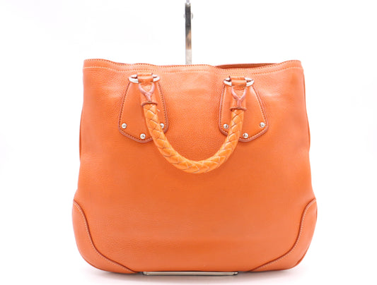 PRADA Leather Orange Handbag with Silver Hardware and Name Tag