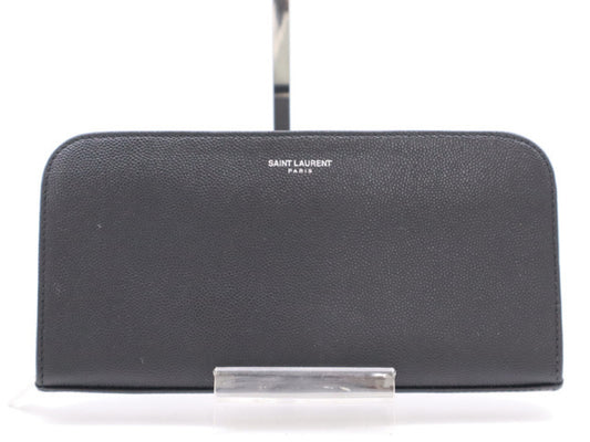 SAINT LAURENT Leather Long Wallet with Round Zipper, Black
