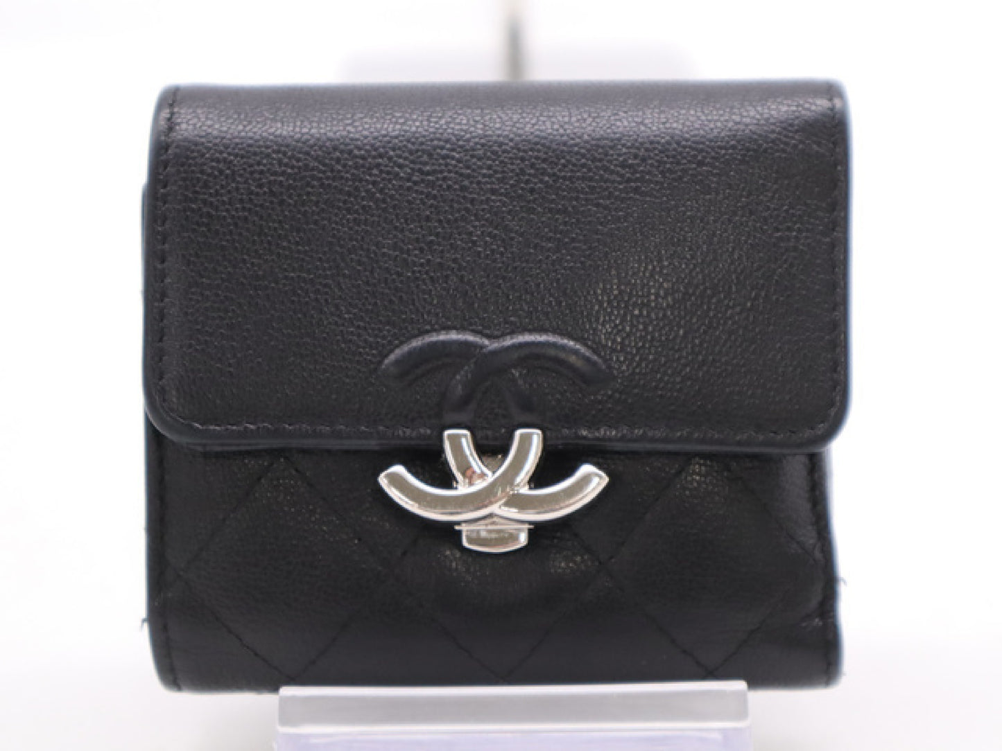 CHANEL Calfskin Tri-fold Wallet Matelasse Half Coco with Silver Hardware, Black