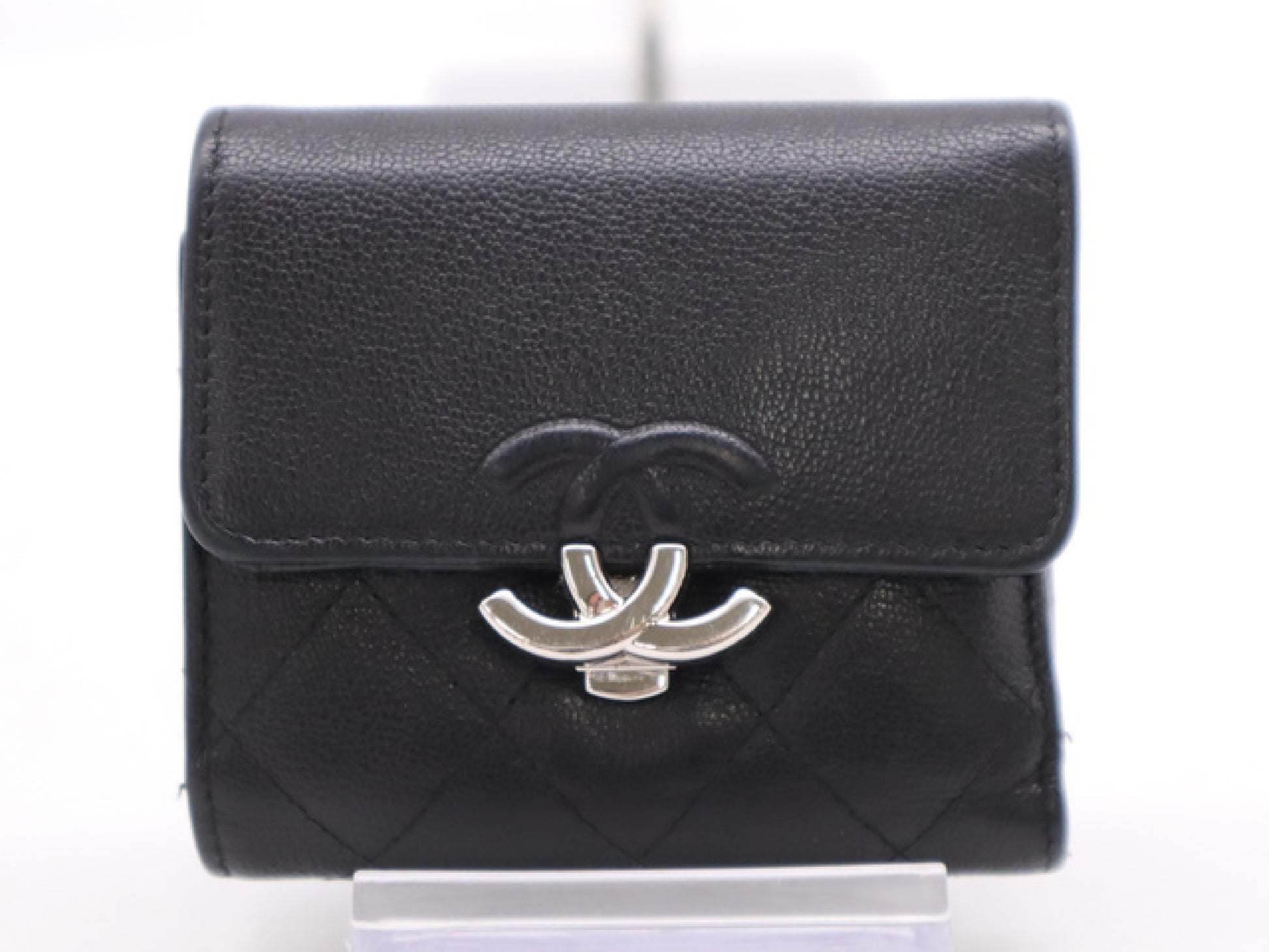 CHANEL Calfskin Tri-fold Wallet Matelasse Half Coco with Silver Hardware, Black