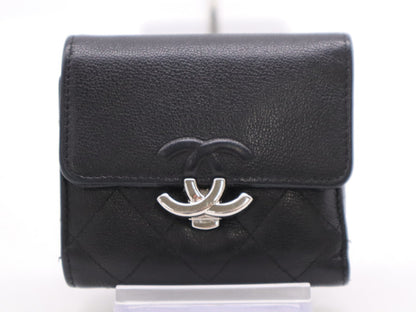 CHANEL Calfskin Tri-fold Wallet Matelasse Half Coco with Silver Hardware, Black