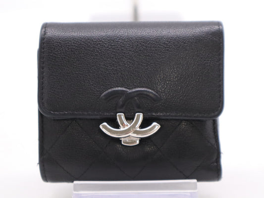 CHANEL Calfskin Tri-fold Wallet Matelasse Half Coco with Silver Hardware, Black