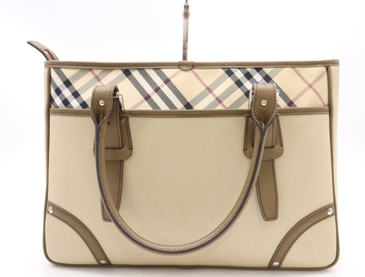BURBERRY Nylon Canvas/Leather Nova Check Tote Bag in Beige and Brown with Silver Hardware