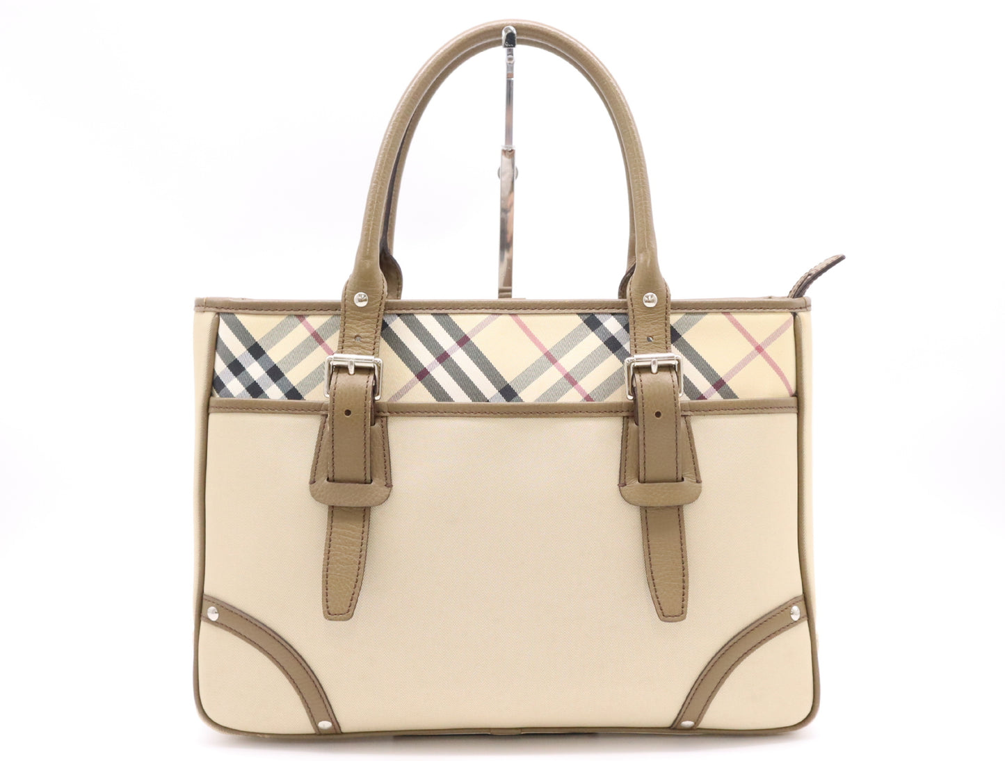 BURBERRY Nylon Canvas/Leather Nova Check Tote Bag in Beige and Brown with Silver Hardware