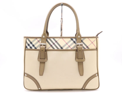 BURBERRY Nylon Canvas/Leather Nova Check Tote Bag in Beige and Brown with Silver Hardware