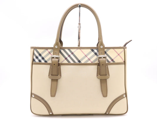 BURBERRY Nylon Canvas/Leather Nova Check Tote Bag in Beige and Brown with Silver Hardware