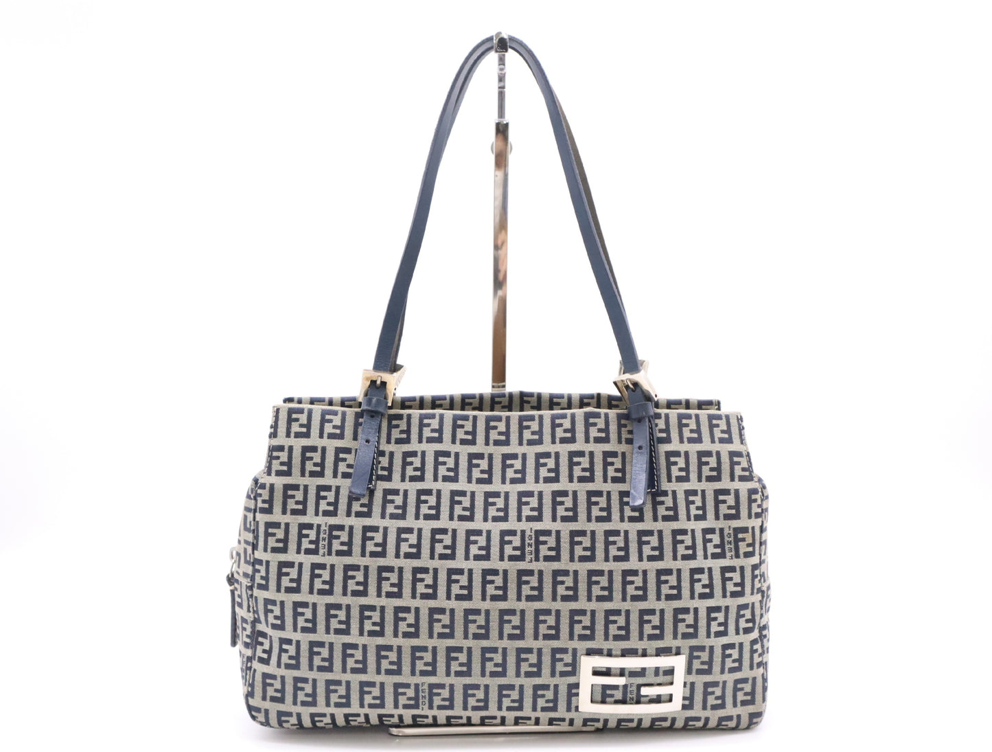 FENDI Canvas/Leather Zucchino Handbag in Blue and Gray with Silver Hardware, Tote Bag