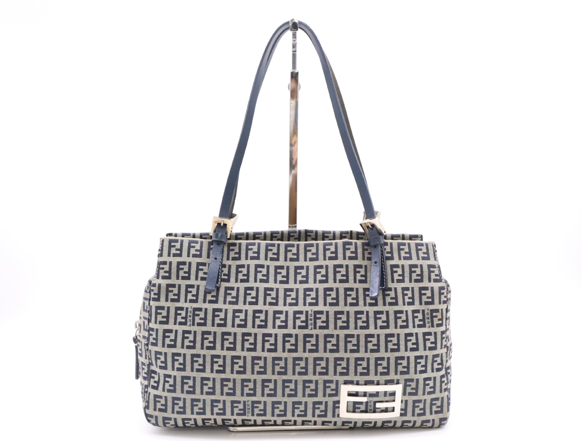FENDI Canvas/Leather Zucchino Handbag in Blue and Gray with Silver Hardware, Tote Bag