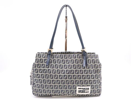 FENDI Canvas/Leather Zucchino Handbag in Blue and Gray with Silver Hardware, Tote Bag