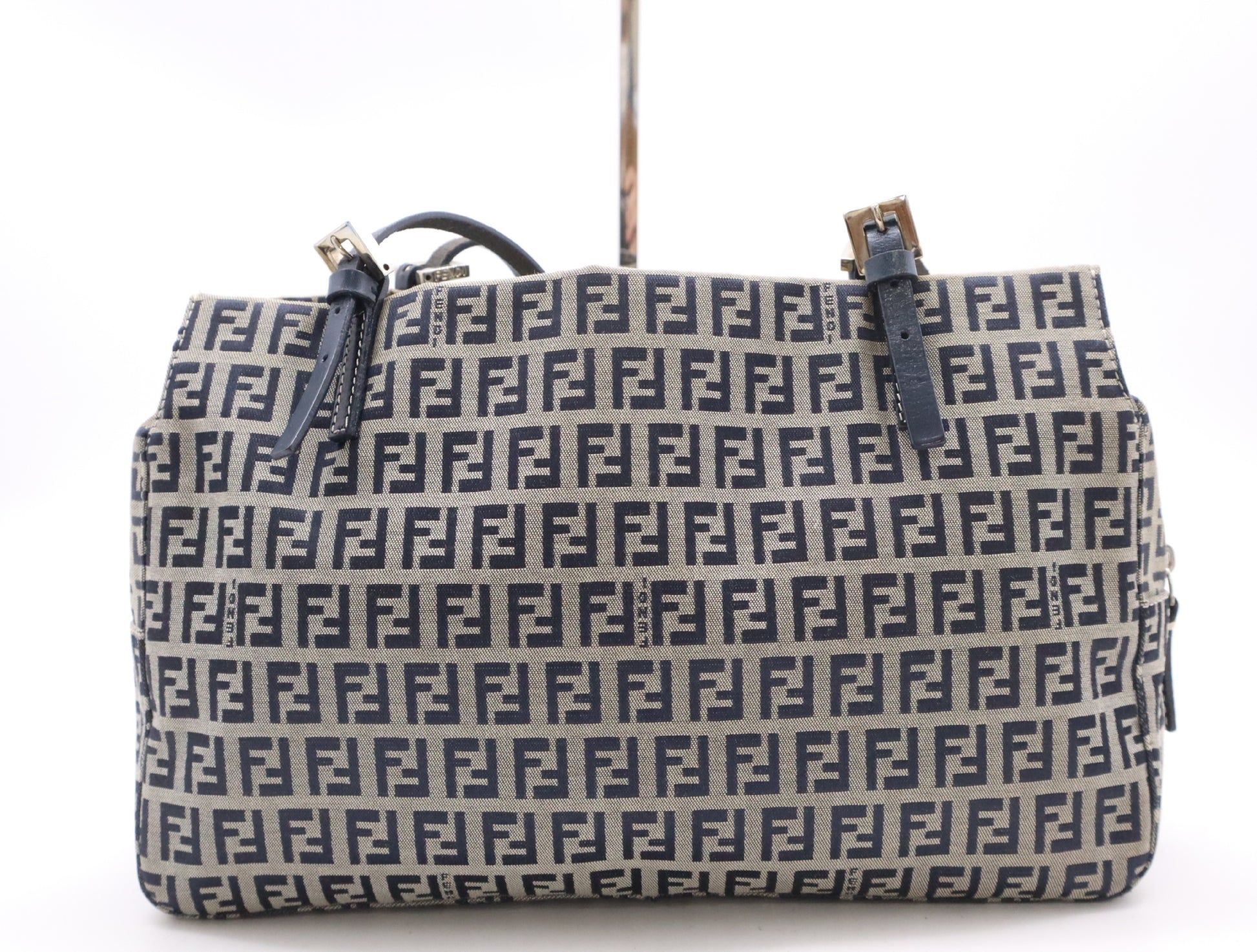 FENDI Canvas/Leather Zucchino Handbag in Blue and Gray with Silver Hardware, Tote Bag