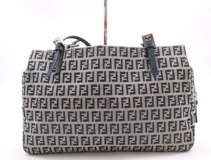 FENDI Canvas/Leather Zucchino Handbag in Blue and Gray with Silver Hardware, Tote Bag