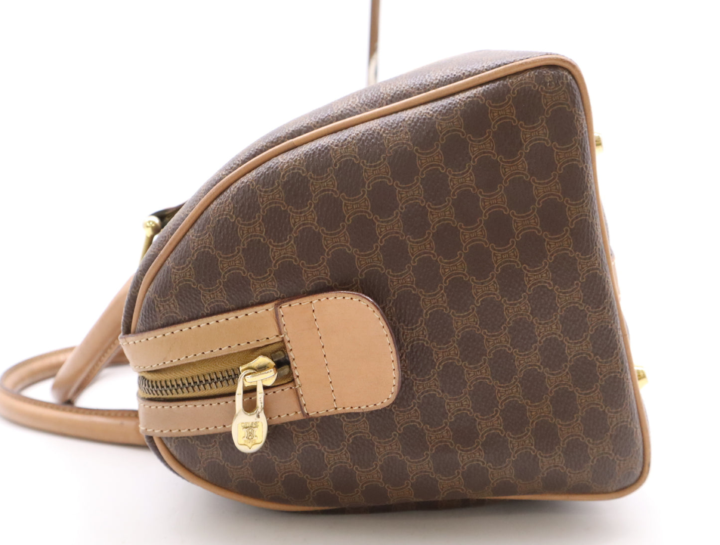 CELINE Leather Macadam Handbag Mini Boston Bag Brown Beige