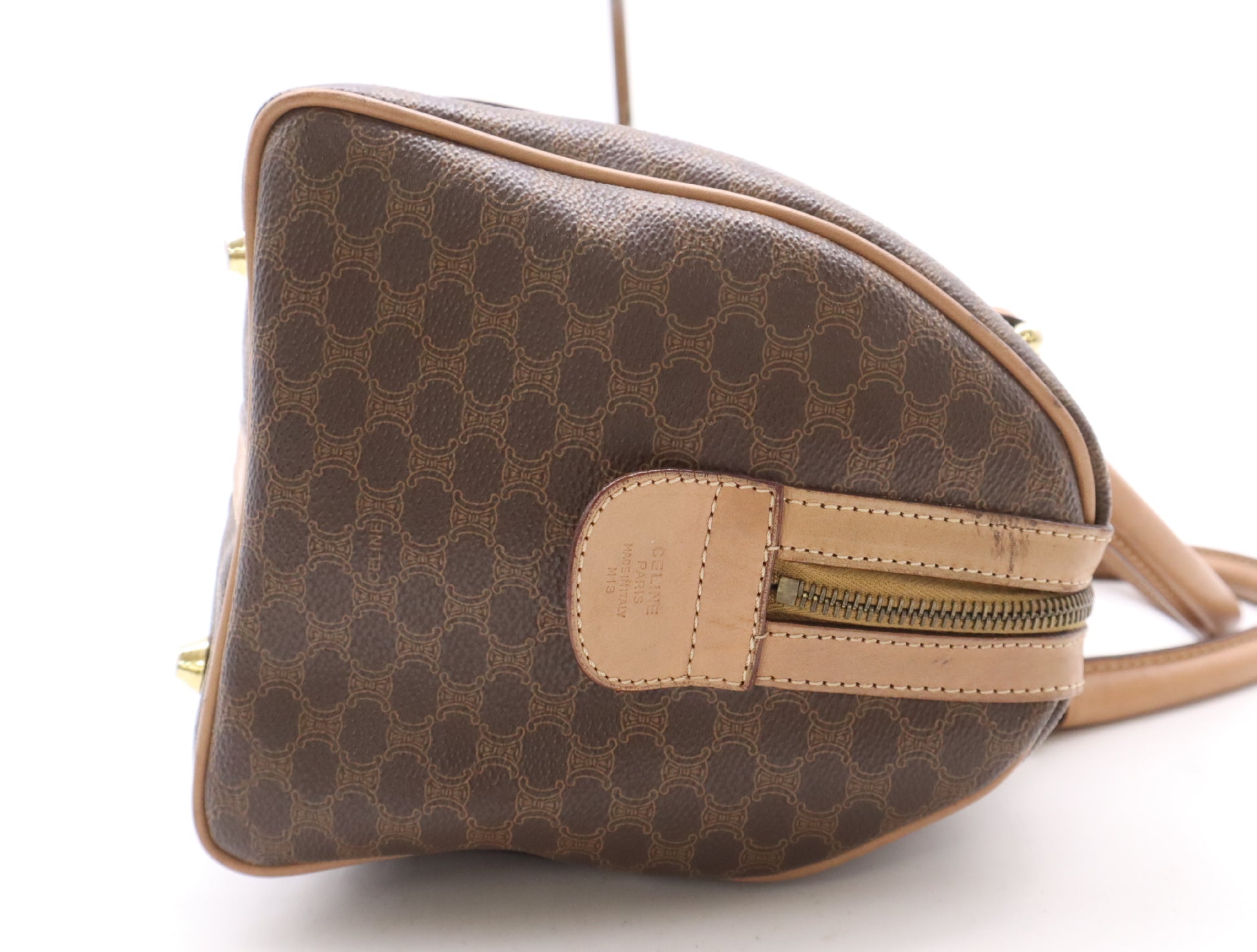 CELINE Leather Macadam Handbag Mini Boston Bag Brown Beige