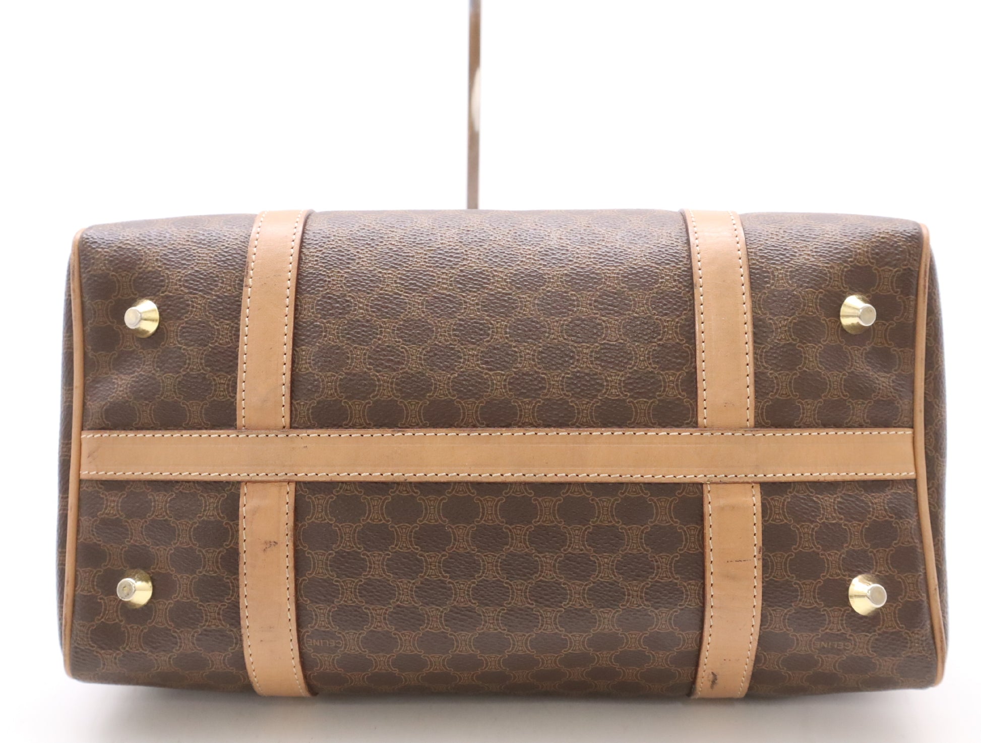 CELINE Leather Macadam Handbag Mini Boston Bag Brown Beige