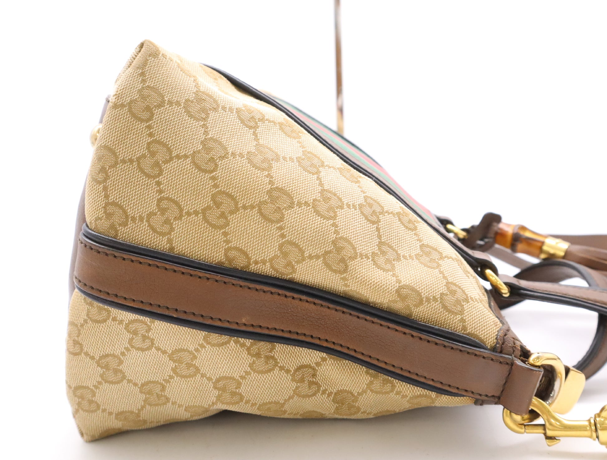 GUCCI 353114 Canvas/Leather GG Canvas Lanier Web Line 2-Way Handbag in Beige, Brown, Red, and Green with GD Hardware, Shoulder Strap, and Charm