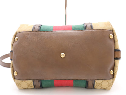 GUCCI 353114 Canvas/Leather GG Canvas Lanier Web Line 2-Way Handbag in Beige, Brown, Red, and Green with GD Hardware, Shoulder Strap, and Charm