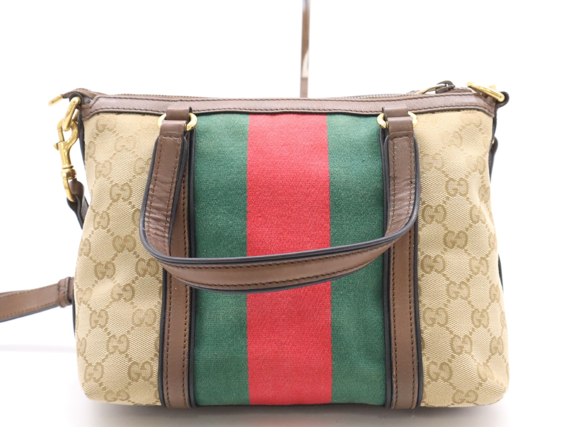 GUCCI 353114 Canvas/Leather GG Canvas Lanier Web Line 2-Way Handbag in Beige, Brown, Red, and Green with GD Hardware, Shoulder Strap, and Charm