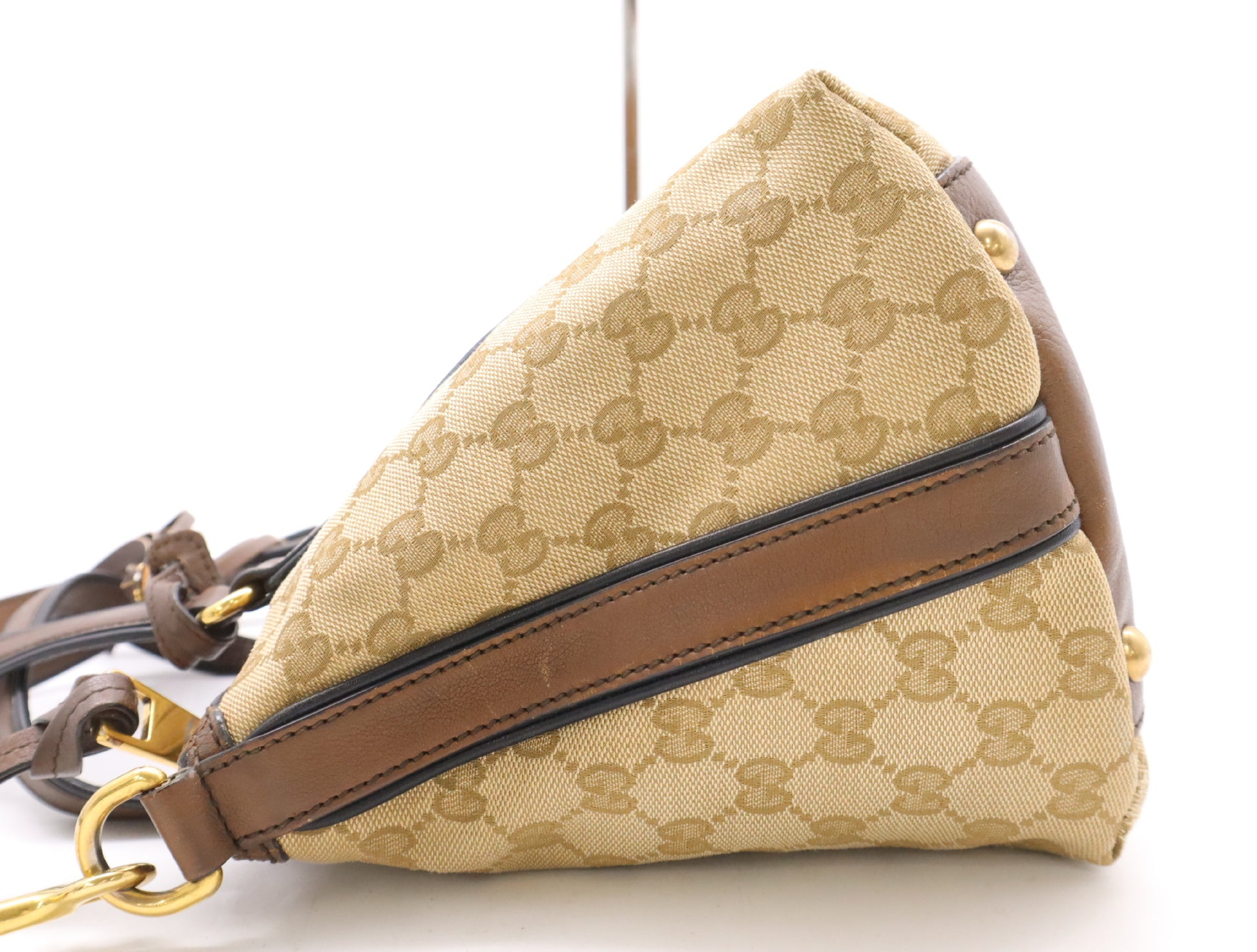 GUCCI 353114 Canvas/Leather GG Canvas Lanier Web Line 2-Way Handbag in Beige, Brown, Red, and Green with GD Hardware, Shoulder Strap, and Charm