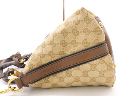 GUCCI 353114 Canvas/Leather GG Canvas Lanier Web Line 2-Way Handbag in Beige, Brown, Red, and Green with GD Hardware, Shoulder Strap, and Charm