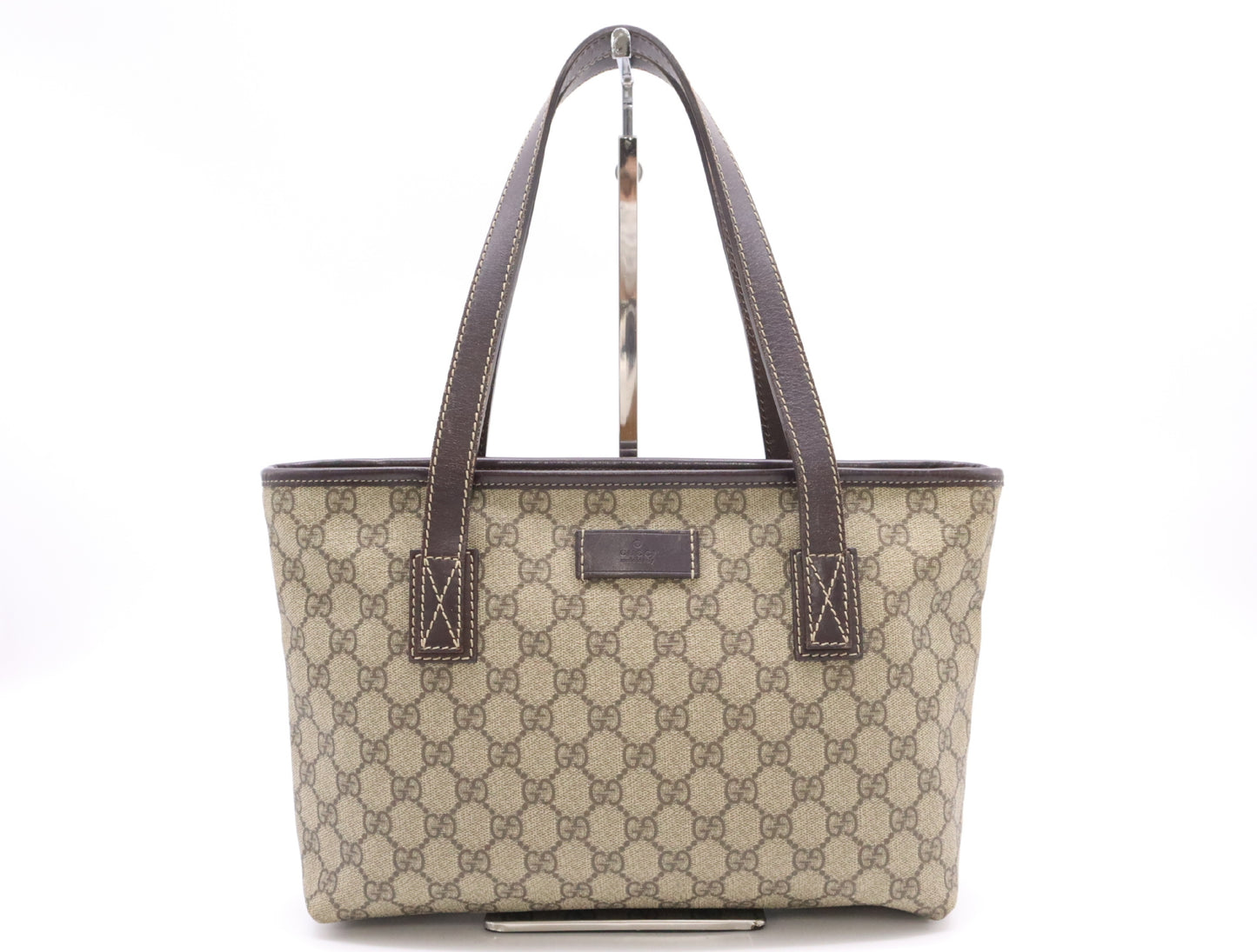 GUCCI 211138 PVC/Leather GG Supreme Beige Brown Tote Bag