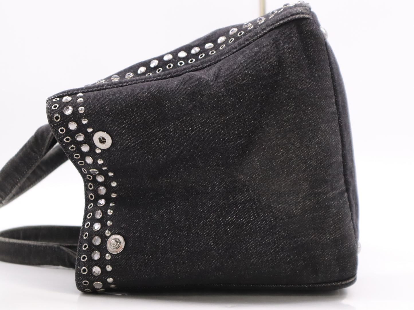 PRADA Canvas Canapa Tote #M Black Beaded Studs Tote Bag