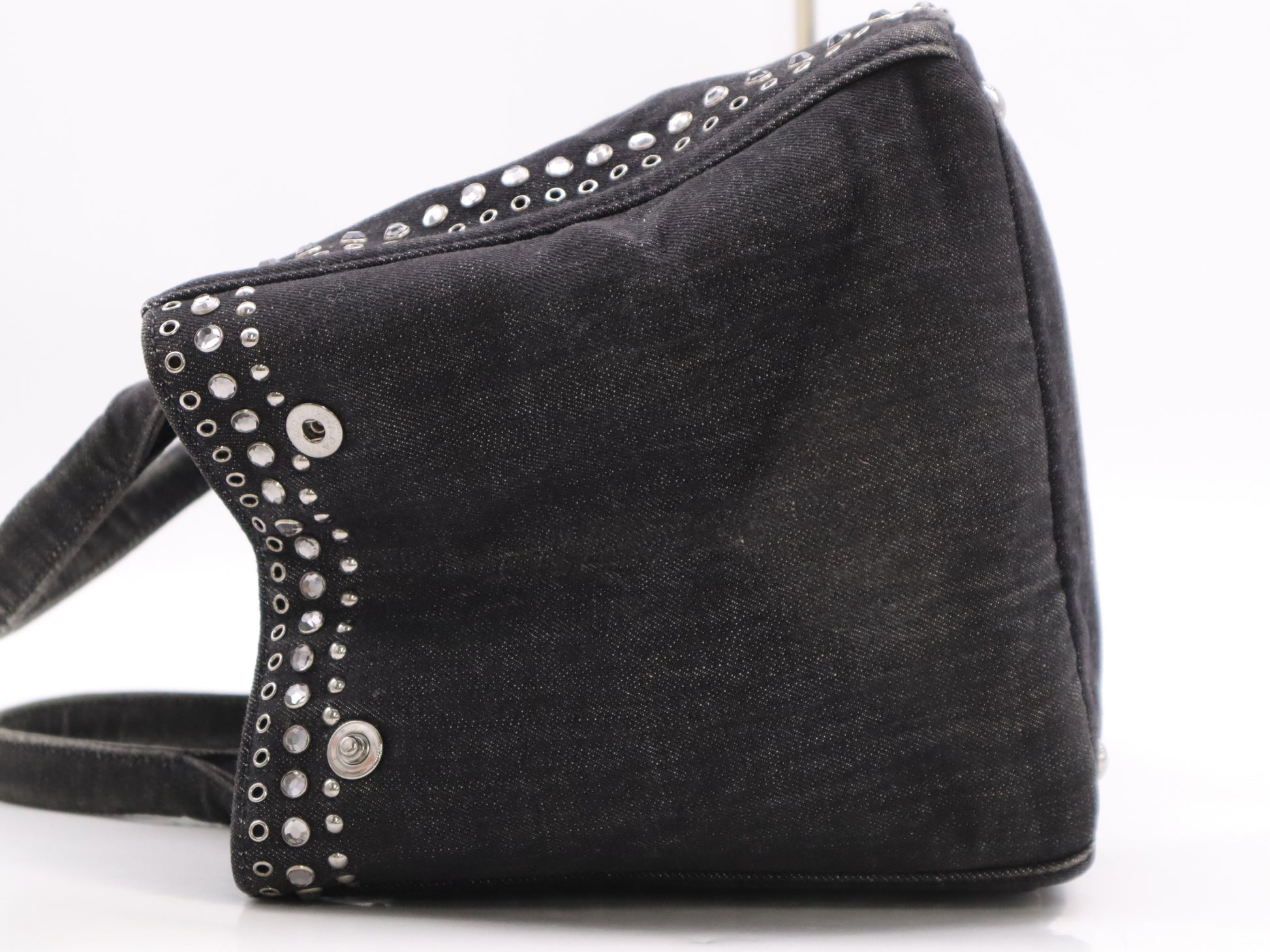 PRADA Canvas Canapa Tote #M Black Beaded Studs Tote Bag
