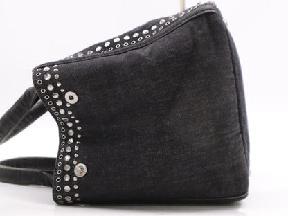 PRADA Canvas Canapa Tote #M Black Beaded Studs Tote Bag