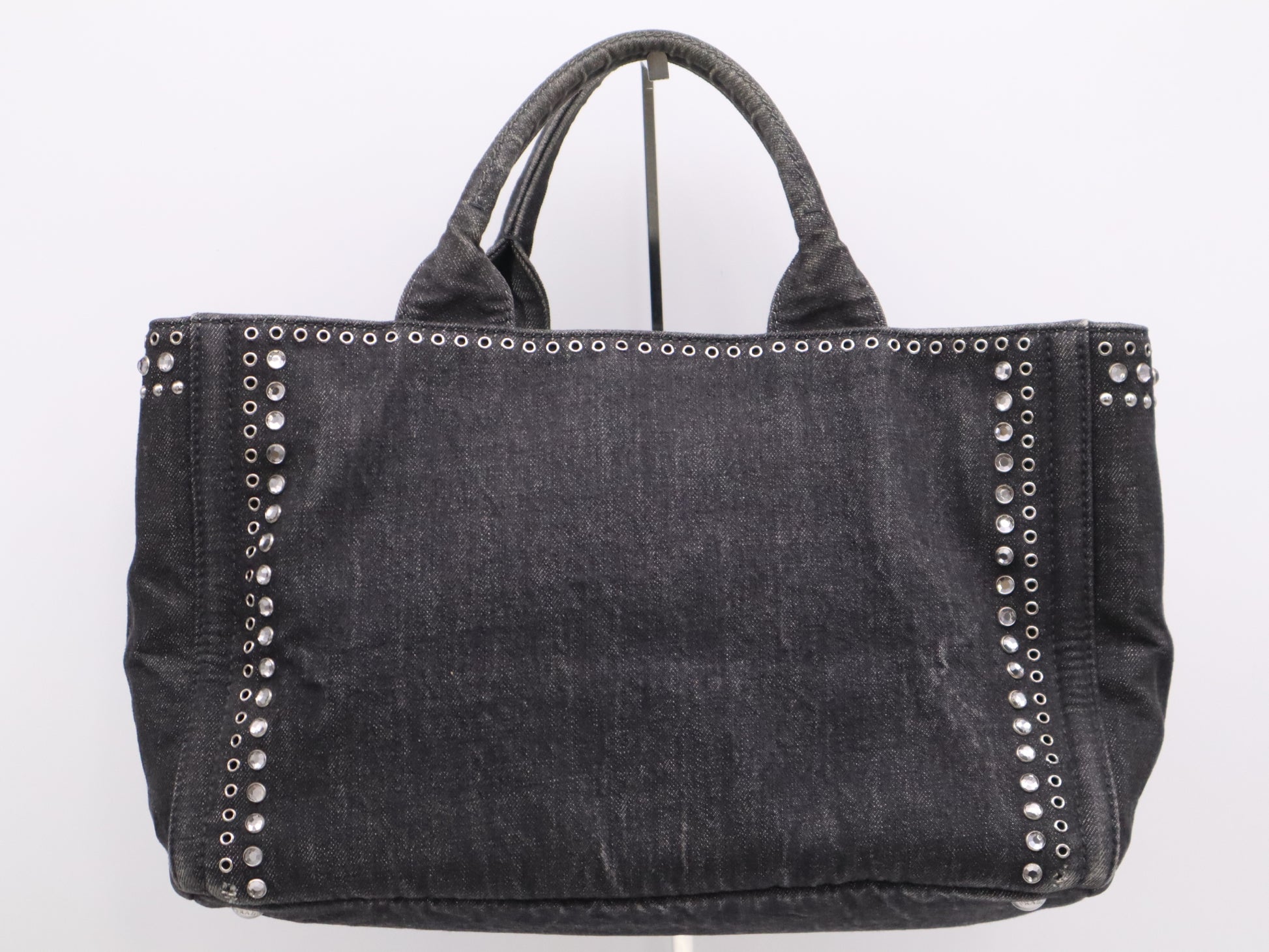 PRADA Canvas Canapa Tote #M Black Beaded Studs Tote Bag