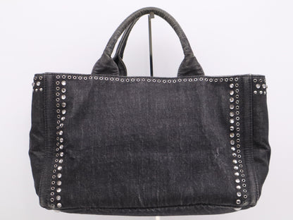 PRADA Canvas Canapa Tote #M Black Beaded Studs Tote Bag