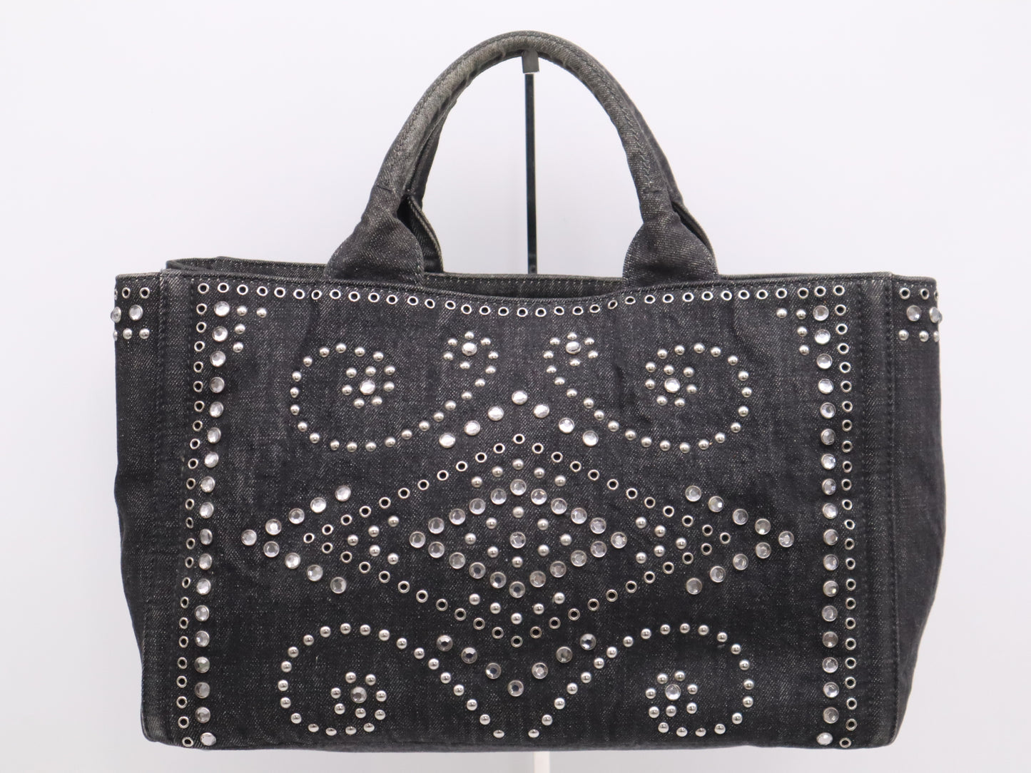 PRADA Canvas Canapa Tote #M Black Beaded Studs Tote Bag