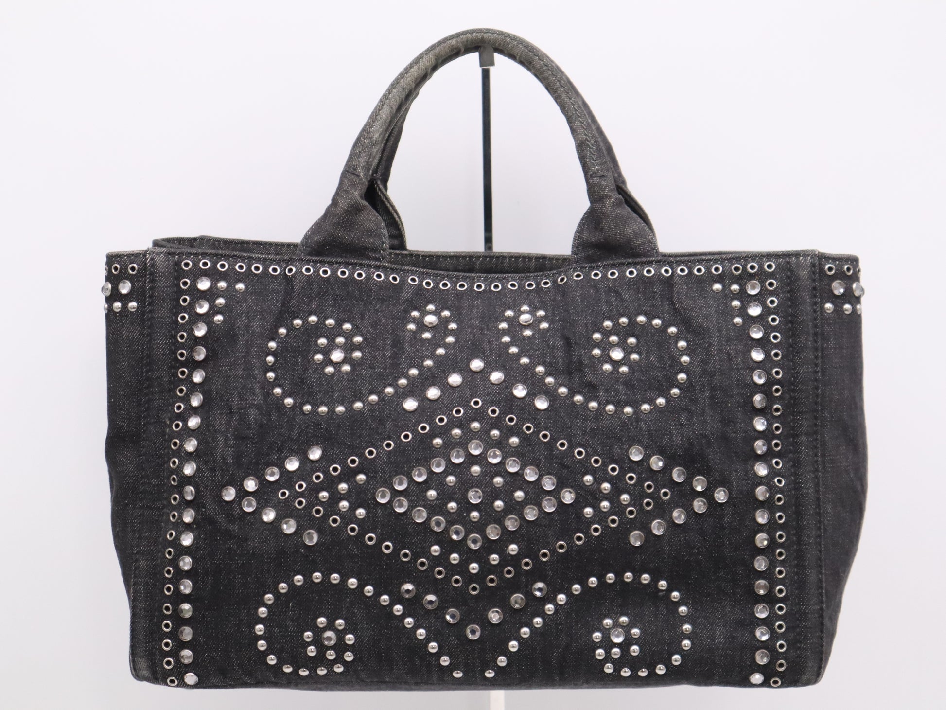 PRADA Canvas Canapa Tote #M Black Beaded Studs Tote Bag