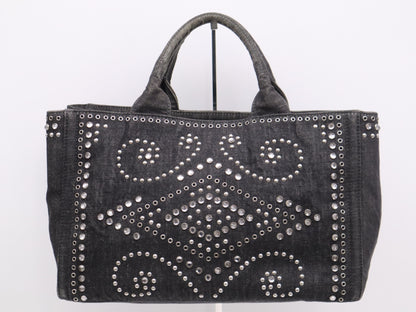 PRADA Canvas Canapa Tote #M Black Beaded Studs Tote Bag